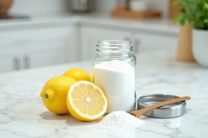 Bocal en verre d'acide citrique en poudre avec des tranches de citron jaune sur un plan de travail en quartz blanc