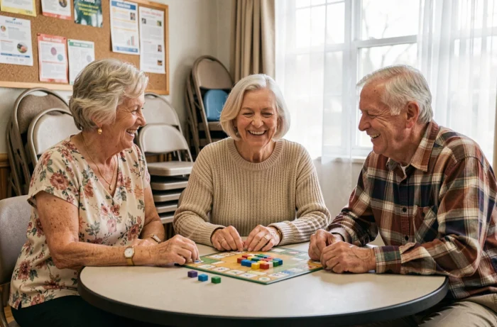 Trois personnes âgées participent à une activité ludique dans un centre communautaire dédié aux seniors