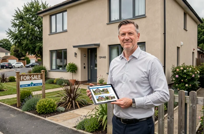 Agent immobilier consultant une annonce sur tablette devant une maison à vendre en banlieue