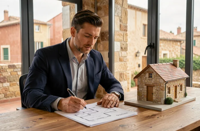 Agent immobilier consultant des documents de propriété dans une agence du Tarn avec maquette de maison en pierre