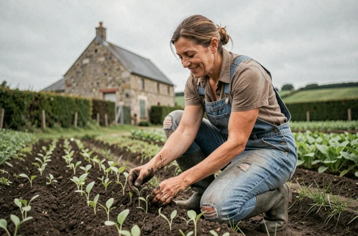 Agricultrice française inspectant des plants biologiques dans un jardin potager en Normandie