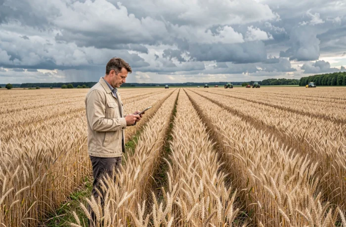 Agronome analysant des cultures de blé dans une plaine agricole française en Beauce