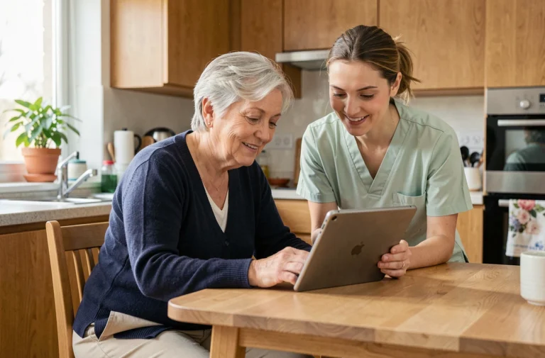 Une aide à domicile accompagne une femme âgée dans l'utilisation d'une tablette numérique pour accéder aux services seniors