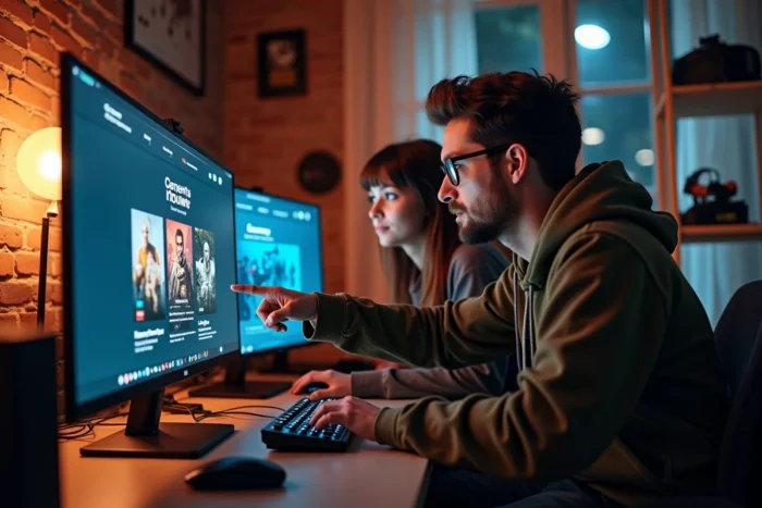Deux amis gamers explorant ensemble des sites alternatifs de gaming sur un PC de bureau dans un appartement urbain