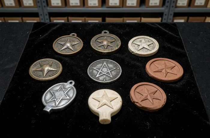 Collection de sept amulettes anciennes gravées d'étoiles posées sur velours noir dans une salle d'archives muséale