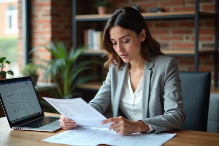 Femme analyste SEO étudiant des données de mots clés sur un bureau moderne pour optimiser le référencement Google