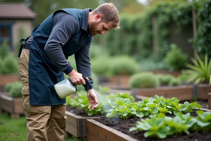 Jardinier appliquant un désherbant herbicide sur des plants d'oxalis en bordure d'un potager surélevé en bois