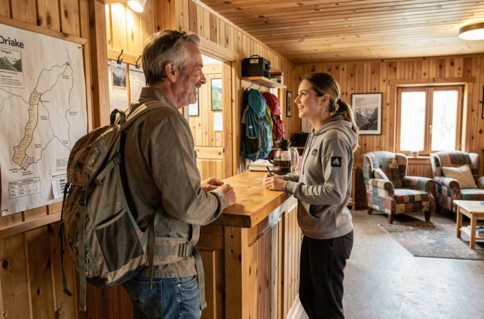Voyageur arrivant dans un auberge de montagne rustique et discutant avec la réceptionniste