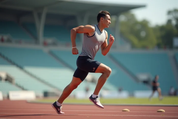 Athlète masculin en plein sprint sur une piste de stade professionnel lors d'une compétition sportive de la semaine