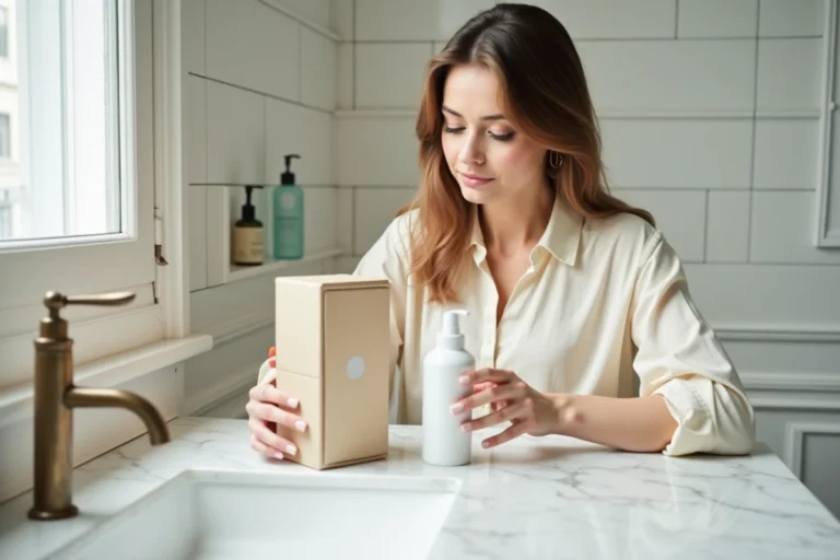 Femme examinant un produit de soin de luxe Space NK livré dans un appartement parisien