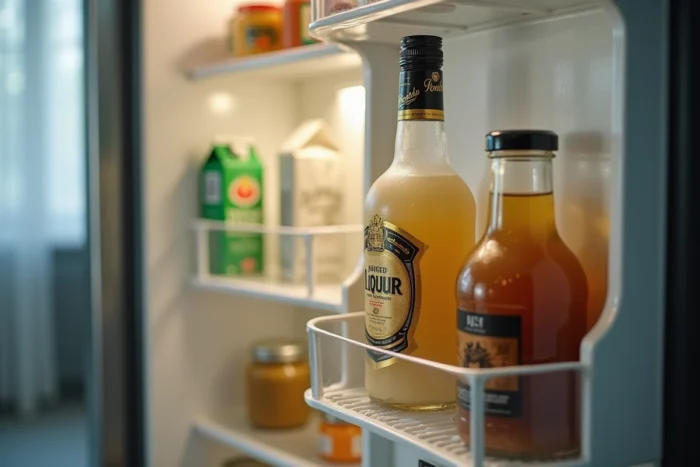 Bouteille de Baileys ouverte conservée dans la porte d'un réfrigérateur entre d'autres aliments, montrant la bonne méthode de conservation au frais