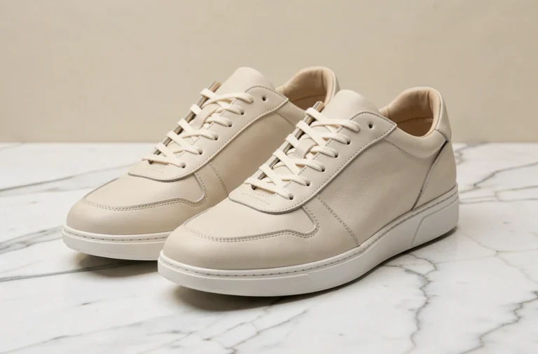 Baskets femme Serafini en cuir premium posées sur marbre blanc, détail artisanat italien et design urbain élégant