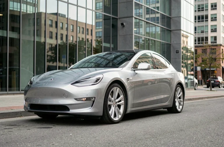 Berline électrique de dernière génération garée dans une rue urbaine moderne, illustrant les tendances automobiles 2024