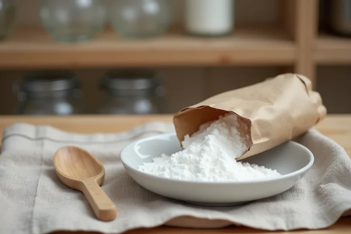 Sachet de bicarbonate de soude ouvert avec de la poudre blanche versée sur une assiette en céramique et une cuillère en bois