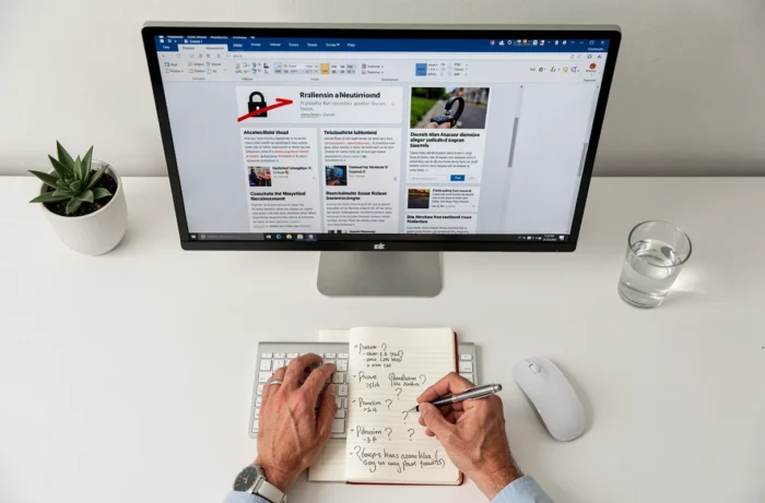Vue aérienne d'un bureau avec des recherches manuscrites et un écran affichant des onglets de sites web suspects avec alertes de sécurité
