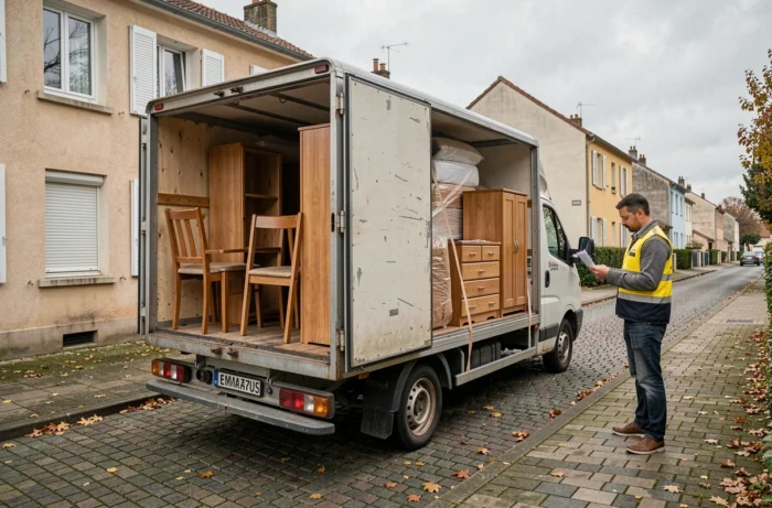 Camion de livraison de meubles Emmaüs garé dans une rue résidentielle française avec des meubles d'occasion chargés