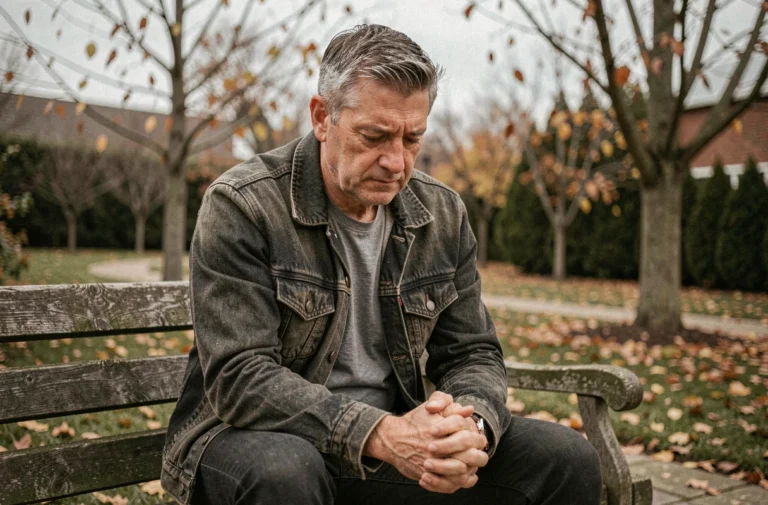 Homme pensif assis dans un jardin d'hôpital en automne, illustrant le combat contre la maladie et l'espoir de guérison