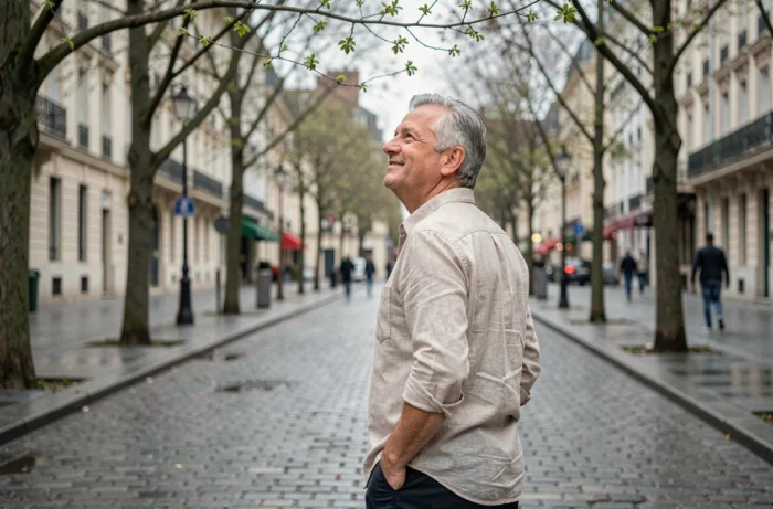 Homme marchant sereinement sur un boulevard parisien au printemps, évoquant l'espoir et la renaissance après un cancer