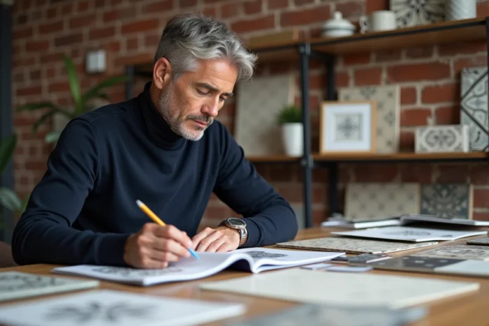 Designer consultant parcourant un catalogue de nouveautés Dekortikon dans un atelier de design rempli d'échantillons de carreaux et de motifs décoratifs