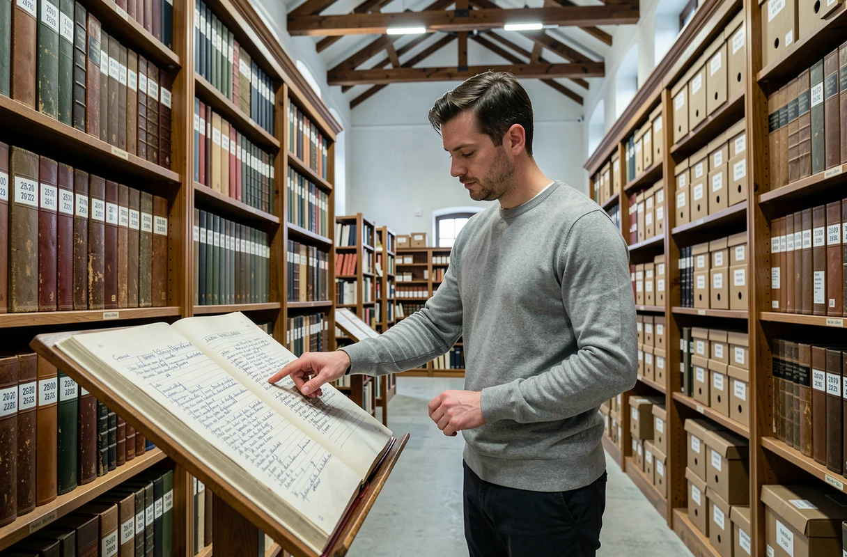 Chercheur consultant un registre d'archives historiques pour retracer l'origine d'une famille