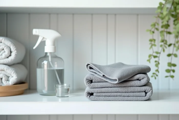 Pile de chiffons microfibre gris et blancs soigneusement pliés sur une étagère blanche avec un flacon pulvérisateur en verre