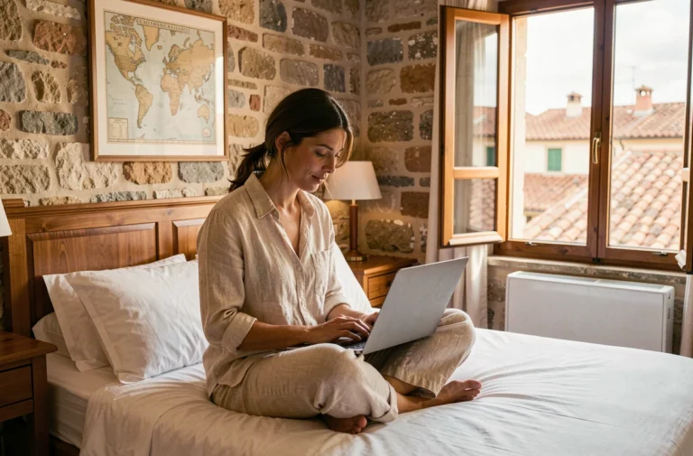Voyageuse comparant des hébergements sur son ordinateur portable dans une chambre d'hôtel boutique aux murs en pierre