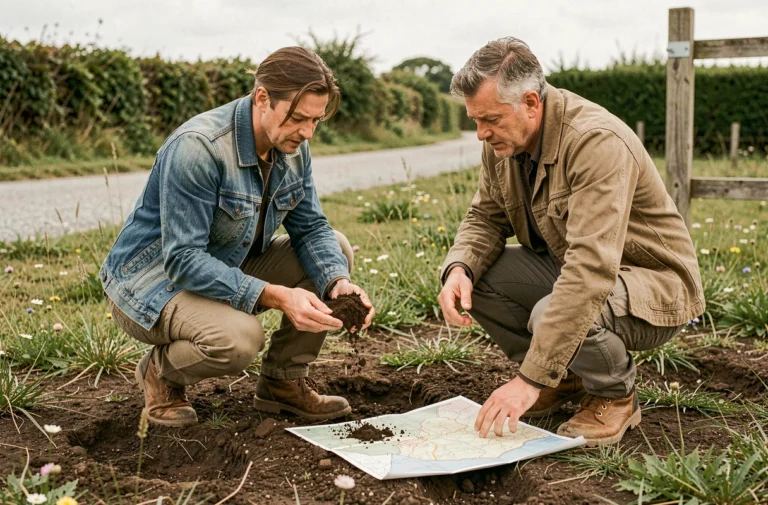 Couple examinant la qualité du sol d'un terrain rural pour vivre en autonomie