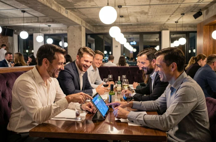 Groupe d'amis choisissant des chansons sur tablette dans un restaurant karaoké tendance à Lyon