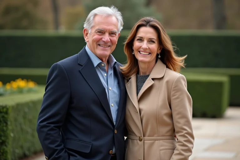 Couple élégant de seniors se promenant dans un jardin parisien, illustrant la vie personnelle de Michel Platini et Christelle Platini
