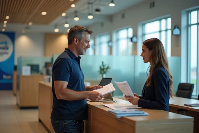 Client discutant des modalités d'un crédit Flex LCL avec un conseiller bancaire en agence
