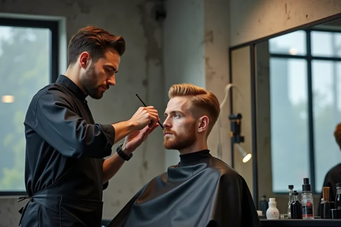 Coiffeur professionnel corrigeant une mèche blonde ratée sur un client masculin en salon