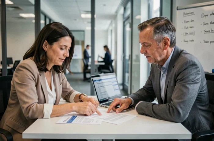Deux collègues consultant ensemble des documents de déclarations sociales et de cotisations dans une salle de réunion vitrée de bureau moderne