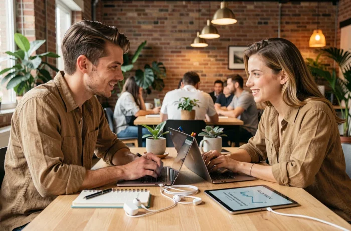 Deux jeunes professionnels collaborant avec des outils technologiques connectés dans un espace de co-working, reflet des innovations numériques de 2024
