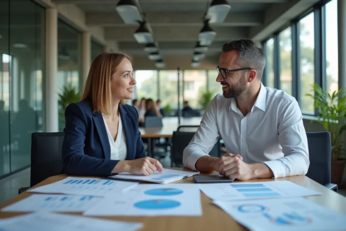 Deux professionnels du marketing collaborant autour d'une table de conférence avec des rapports d'analyse et des ordinateurs portables