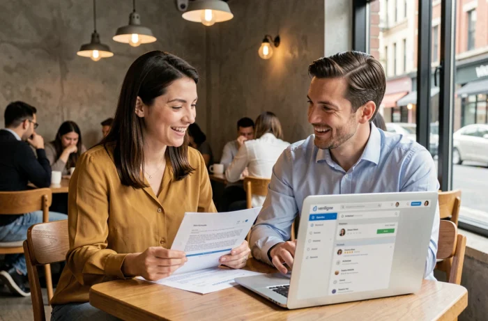 Deux collègues collaborant autour d'un CV imprimé et de la plateforme cvenligne dans un café pour optimiser leur recherche d'emploi