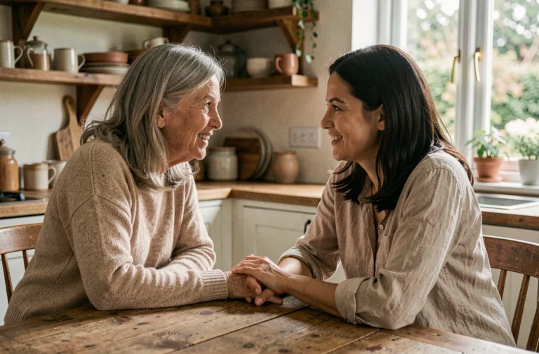 Mère et fille adultes en conversation sincère autour d'une table en bois dans une cuisine chaleureuse, illustrant la communication mère-fille à l'âge adulte