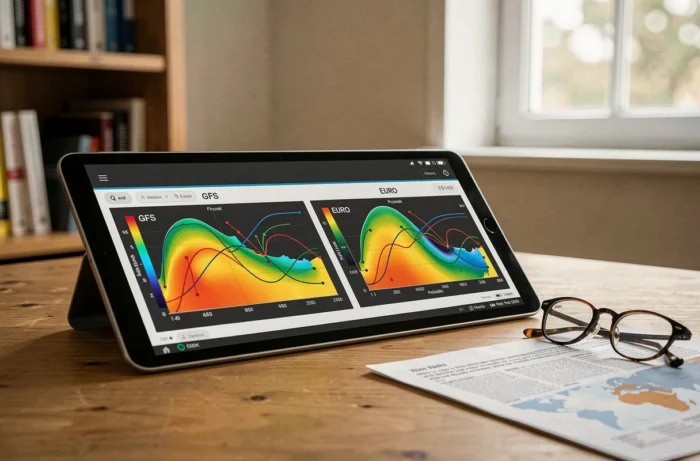Comparaison détaillée des modèles météorologiques GFS et EURO affichée sur une tablette dans un bureau