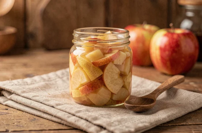 Petit pot en verre de compote de fruits maison pomme et poire avec une cuillère en bois sur un tissu en lin rustique