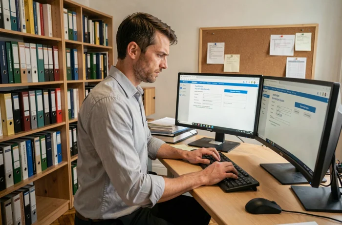 Comptable masculin saisissant des codes de cotisations sociales sur un double écran dans un bureau comptable avec classeurs et références fiscales