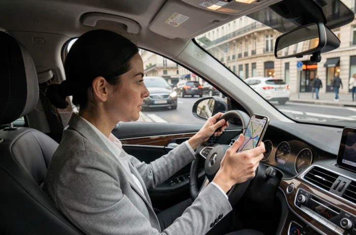 Conductrice consultant une application de trafic en temps réel sur son smartphone monté au tableau de bord dans les embouteillages de Rennes