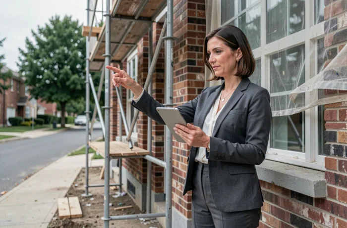 Conseillère immobilière présentant un chantier de construction résidentielle en banlieue
