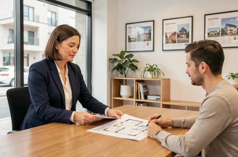 Conseillère immobilière Ciblimmo présentant des documents de projet immobilier à un couple dans une agence moderne
