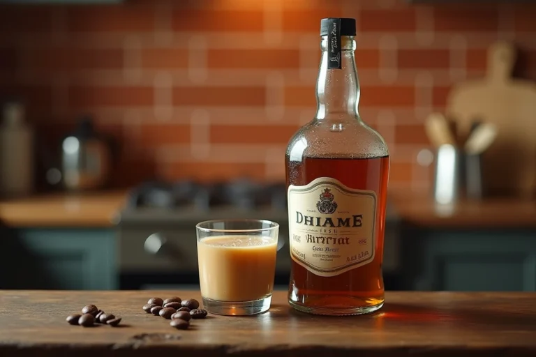 Bouteille de Baileys entamée posée sur un comptoir en bois sombre avec un verre et des grains de café, illustrant la conservation d'une liqueur ouverte
