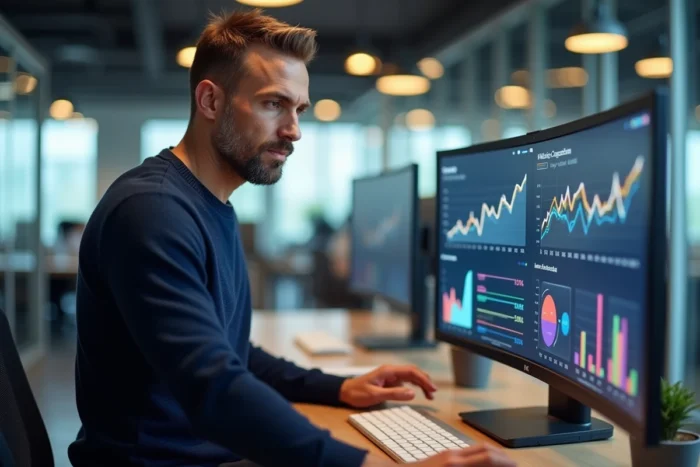 Homme consultant SEO analysant la concurrence des mots clés sur un écran dans un bureau moderne