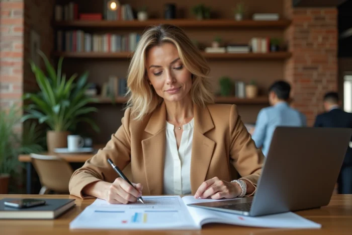Consultante en marketing stratégique travaillant seule sur un plan de collaboration dans un espace de coworking chaleureux