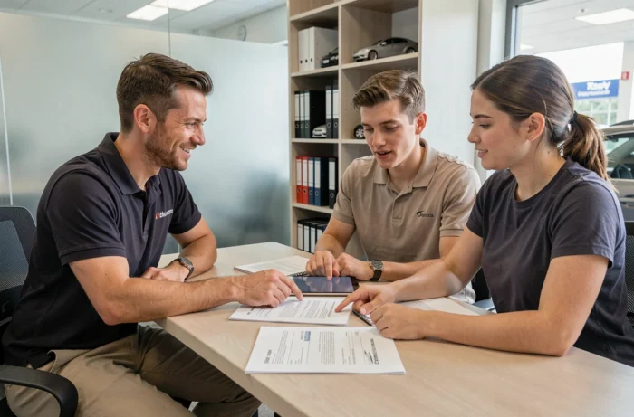 Expert automobile en consultation avec un couple pour l'achat d'un véhicule dans un bureau de concession