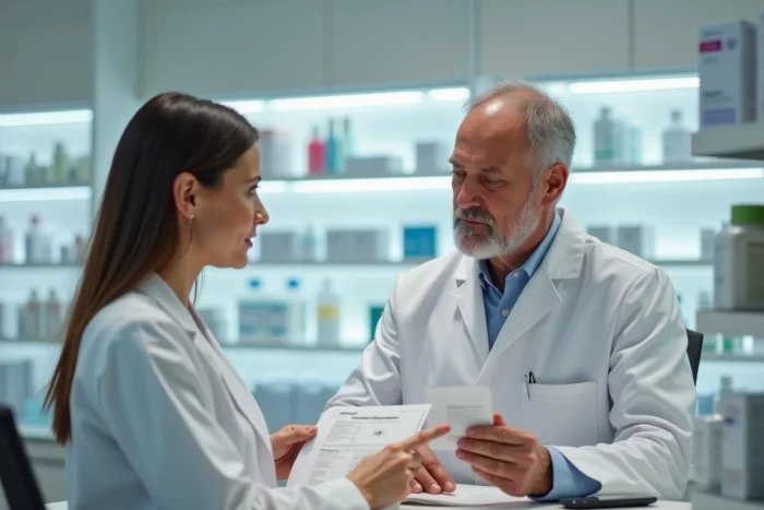 Homme consultant une pharmacienne sur les effets secondaires d'un traitement capillaire Capillar