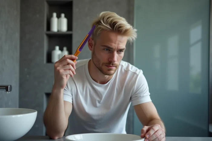 Homme appliquant un shampooing violet pour corriger une mèche blonde ratée dans la salle de bain