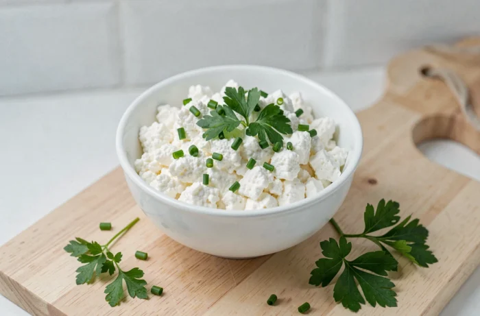 Petit bol en céramique blanche de cottage cheese garni d'herbes fraîches hachées comme la ciboulette et le persil, posé sur une planche en bois clair