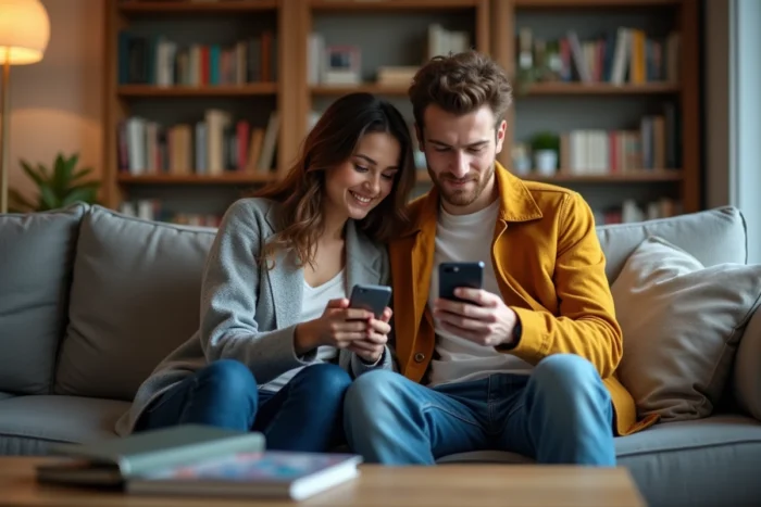 Jeune couple consultant une application bancaire pour gérer leur crédit flexible au quotidien